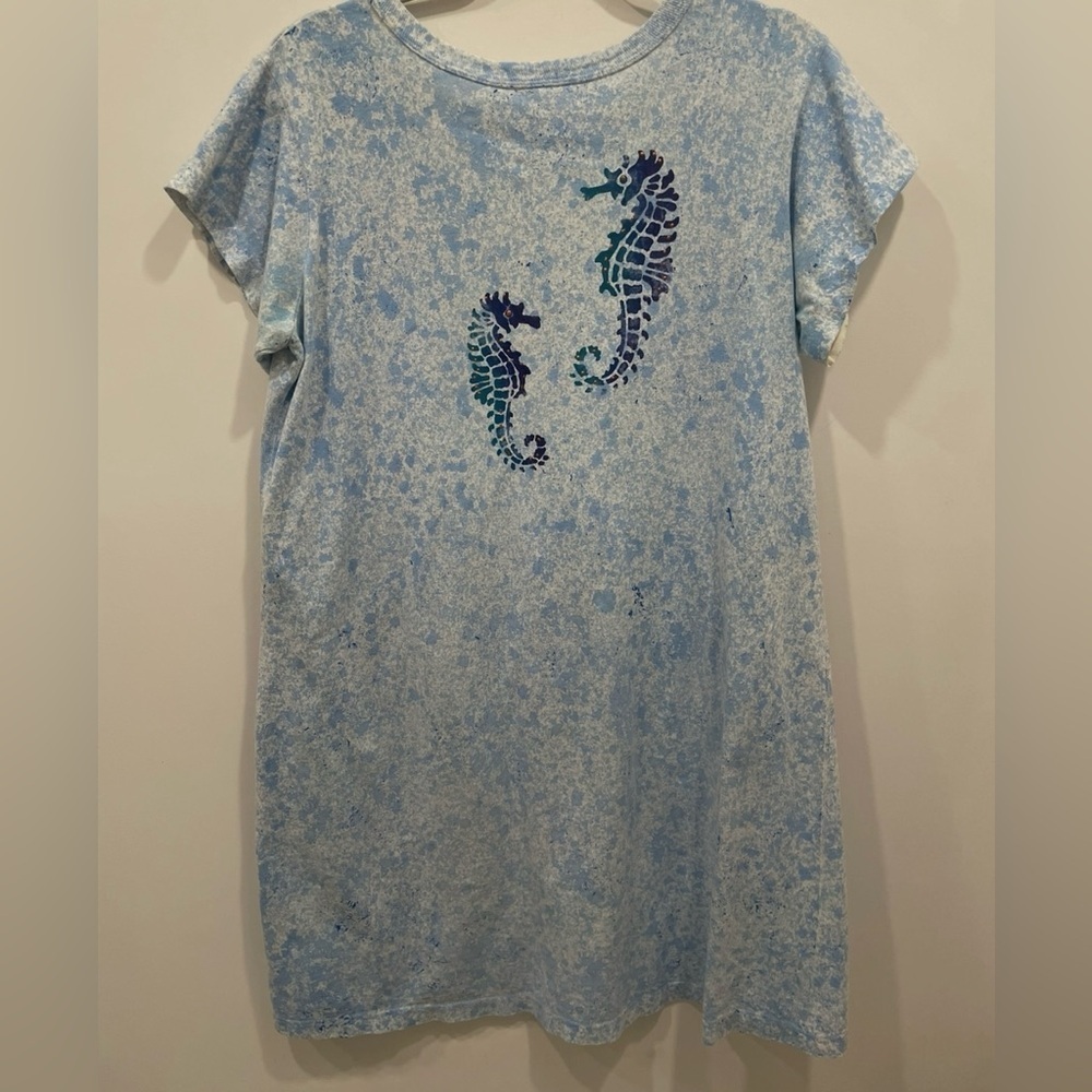 Fish Sundress Size Lg Blue Beach Coverup Short Sleeve Front Pocket Scoop Neck - Picture 3 of 5